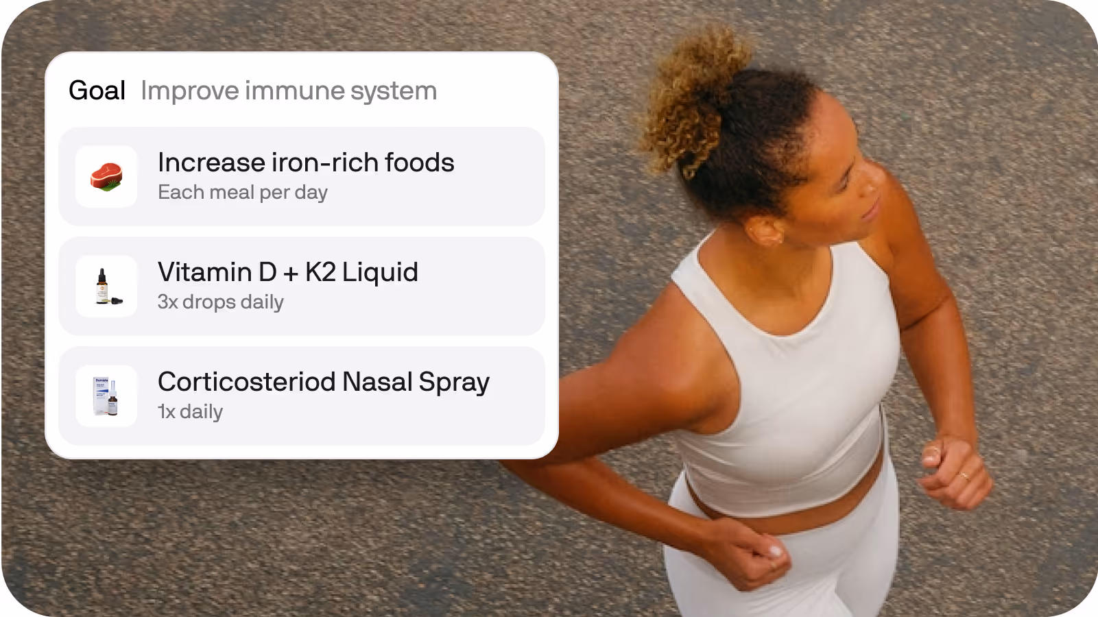 A woman running outdoors with a goal card listing her recommended supplements